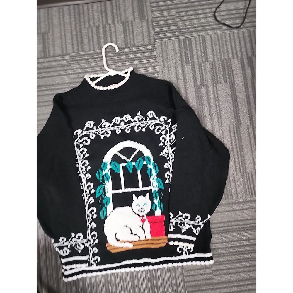 Vintage Spunky Made In USA Cat Print Black Sweater. 100% Acrylic